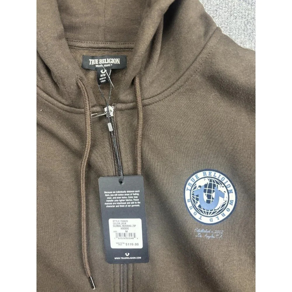 True Religion Hoodie Mens Medium Brown Full Zip Fleece Sweatshirt Buddha Graphic